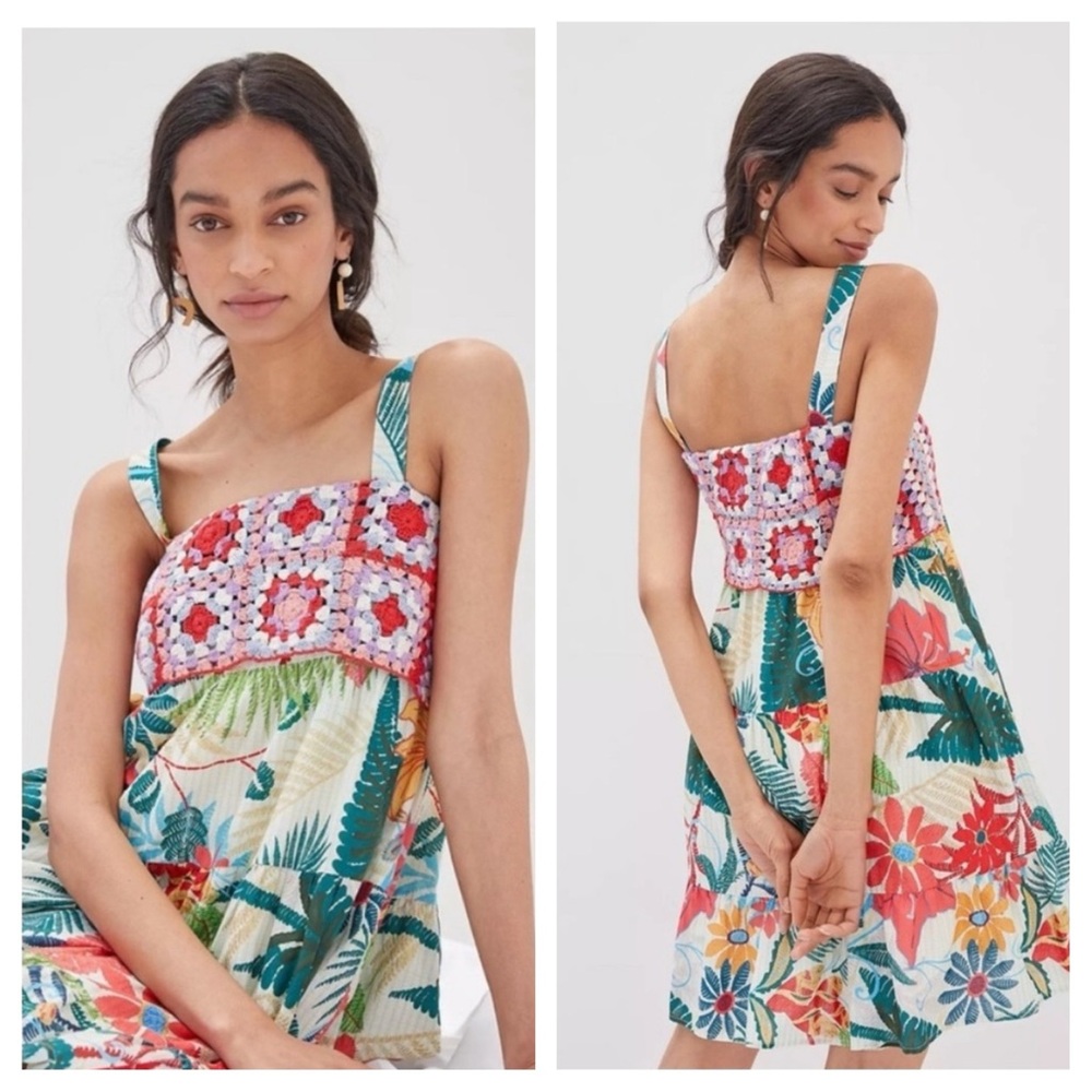 Anthropologie Farm Rio Crochet Top Tropical Print Mini Dress